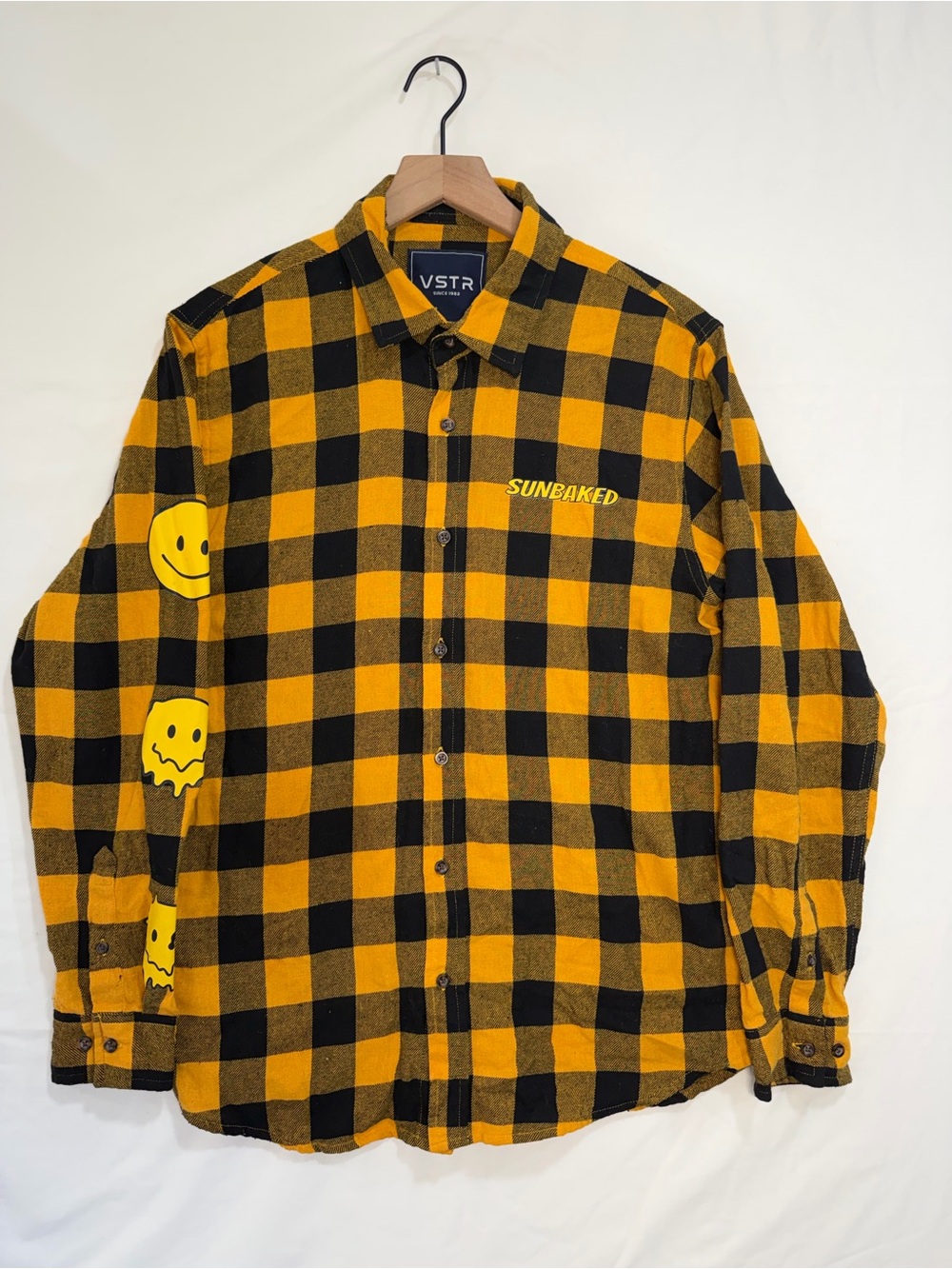 VSTR Sunbaked Buffalo Plaid Flannel Shirt Yellow Black Graphic Men’s L
